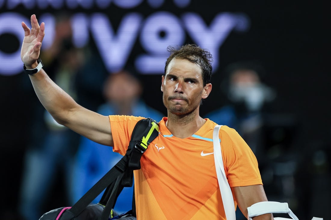 Jan 18, 2023; Melbourne, VICTORIA, Australia; Rafael Nadal after his second round match against Mackenzie Mcdonald on day three of the 2023 Australian Open tennis tournament at Melbourne Park. Mandatory Credit: Mike Frey-USA TODAY Sports