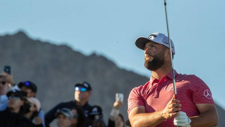 Jon Rahm tees off on No. 17 during the final round of The American Express on the Pete Dye Stadium Course at PGA West in La Quinta, Calif., Sunday, Jan. 22, 2023.