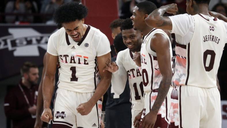 Feb 25, 2023; Starkville, Mississippi, USA; Mississippi State Bulldogs forward Tolu Smith (1) reacts with teammates after a basket during the second half against the Texas A&M Aggies at Humphrey Coliseum. Mandatory Credit: Petre Thomas-USA TODAY Sports