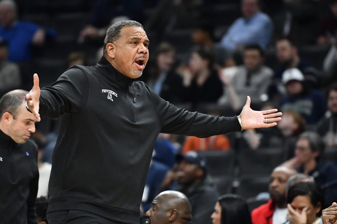 Feb 26, 2023; Washington, District of Columbia, USA; Providence Friars head coach Ed Cooley looks on against the Georgetown Hoyas during the first half at Capital One Arena. Mandatory Credit: Brad Mills-USA TODAY Sports