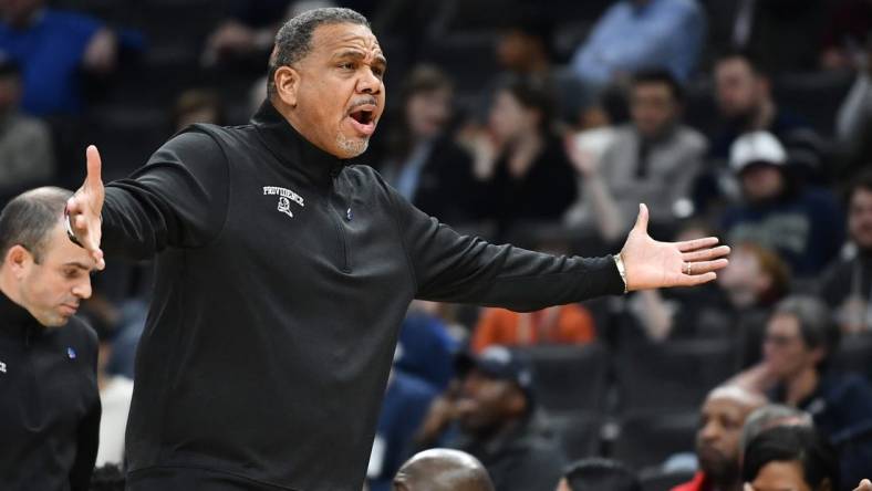 Feb 26, 2023; Washington, District of Columbia, USA; Providence Friars head coach Ed Cooley looks on against the Georgetown Hoyas during the first half at Capital One Arena. Mandatory Credit: Brad Mills-USA TODAY Sports