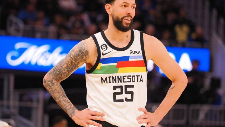 Feb 26, 2023; San Francisco, California, USA; Minnesota Timberwolves guard Austin Rivers (25) between plays against the Golden State Warriors during the fourth quarter at Chase Center. Mandatory Credit: Kelley L Cox-USA TODAY Sports