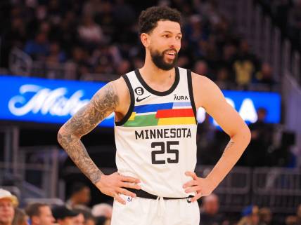 Feb 26, 2023; San Francisco, California, USA; Minnesota Timberwolves guard Austin Rivers (25) between plays against the Golden State Warriors during the fourth quarter at Chase Center. Mandatory Credit: Kelley L Cox-USA TODAY Sports