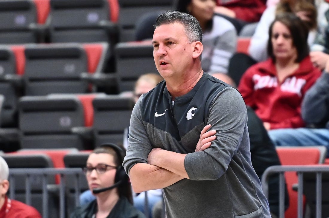 Feb 16, 2023; Pullman, Washington, USA; Washington State Cougars head coach Kyle Smith looks on against the Oregon State Beavers in the first half at Friel Court at Beasley Coliseum. Mandatory Credit: James Snook-USA TODAY Sports