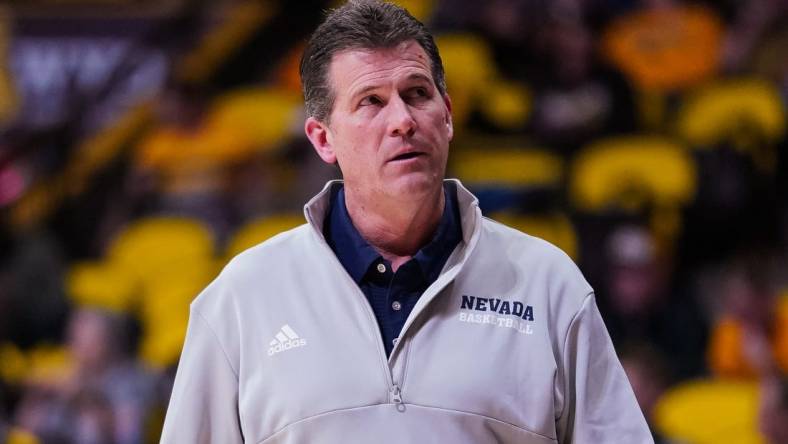 Feb 27, 2023; Laramie, Wyoming, USA; Nevada Wolf Pack head coach Steve Alford reacts against the Wyoming Cowboys during the second half at Arena-Auditorium. Mandatory Credit: Troy Babbitt-USA TODAY Sports