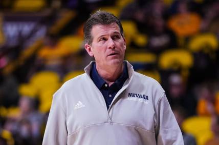 Feb 27, 2023; Laramie, Wyoming, USA; Nevada Wolf Pack head coach Steve Alford reacts against the Wyoming Cowboys during the second half at Arena-Auditorium. Mandatory Credit: Troy Babbitt-USA TODAY Sports