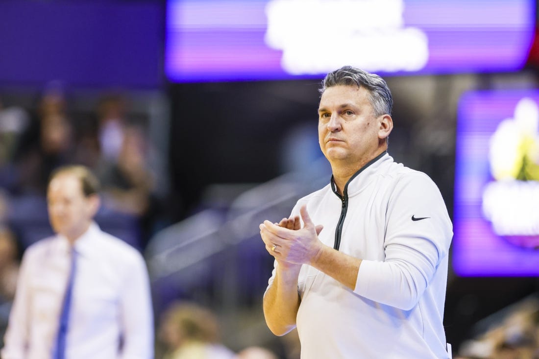 Mar 2, 2023; Seattle, Washington, USA; Washington State Cougars head coach Kyle Smith reacts to a play against the Washington Huskies during the second half at Alaska Airlines Arena at Hec Edmundson Pavilion. Mandatory Credit: Joe Nicholson-USA TODAY Sports