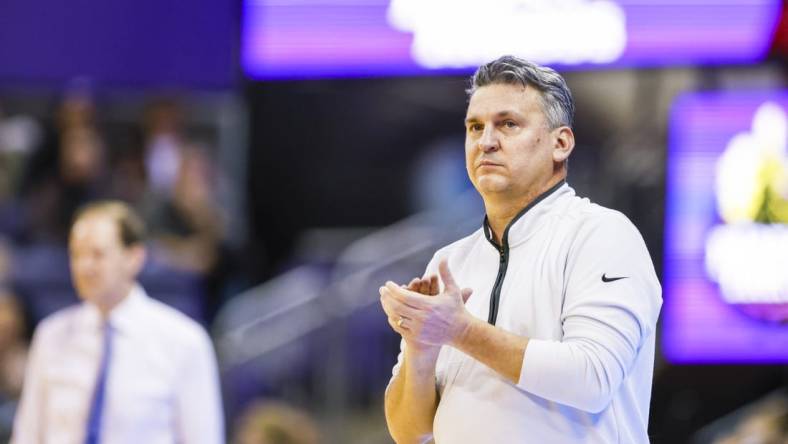 Mar 2, 2023; Seattle, Washington, USA; Washington State Cougars head coach Kyle Smith reacts to a play against the Washington Huskies during the second half at Alaska Airlines Arena at Hec Edmundson Pavilion. Mandatory Credit: Joe Nicholson-USA TODAY Sports