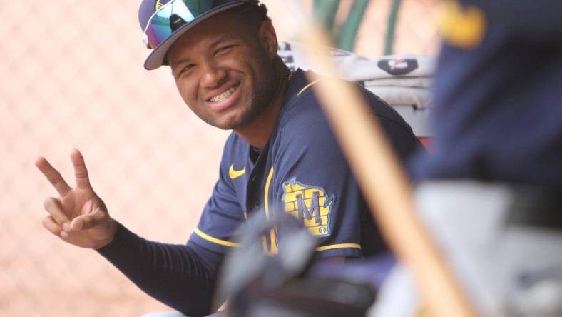 Milwaukee Brewers prospect Jackson Chourio smiles for a photo during minor league workouts at American Family Fields of Phoenix on March 6, 2023.

Ctk18529 2