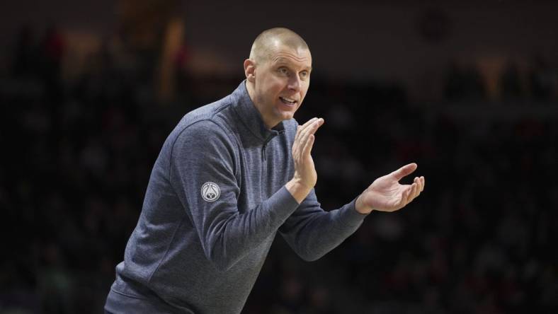 March 6, 2023; Las Vegas, NV, USA; Brigham Young Cougars head coach Mark Pope instructs against the Saint Mary's Gaels during the first half in the semifinals of the WCC Basketball Championships at Orleans Arena. Mandatory Credit: Kyle Terada-USA TODAY Sports