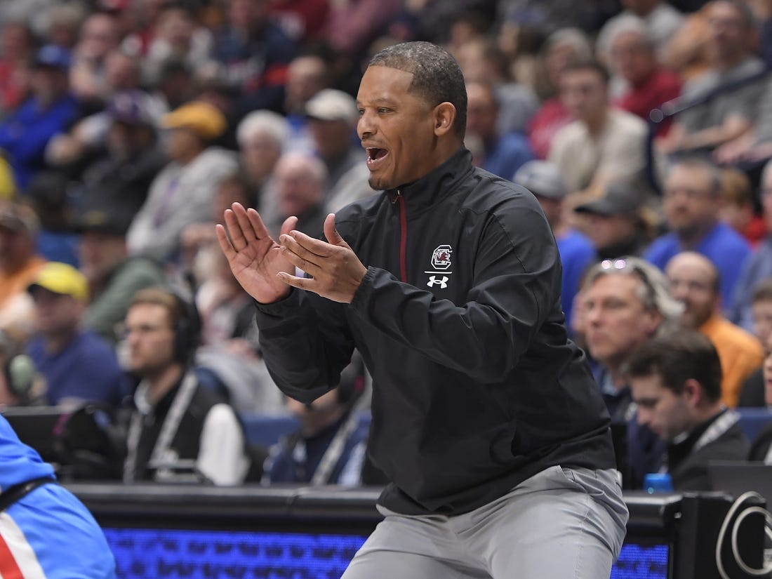 Mar 8, 2023; Nashville, TN, USA;  South Carolina Gamecocks Lamont Paris cheers his team on against the Mississippi Rebels during the first half at Bridgestone Arena. Mandatory Credit: Steve Roberts-USA TODAY Sports