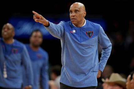 Mar 9, 2023; New York, NY, USA; DePaul Blue Demons head coach Tony Stubblefield coaches against the Xavier Musketeers during the first half at Madison Square Garden. Mandatory Credit: Brad Penner-USA TODAY Sports