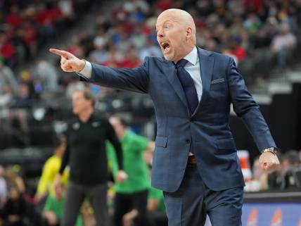 Mar 10, 2023; Las Vegas, NV, USA; UCLA Bruins head coach Mick Cronin shouts after a player committed a foul against the Oregon Ducks during the second half at T-Mobile Arena. Mandatory Credit: Stephen R. Sylvanie-USA TODAY Sports