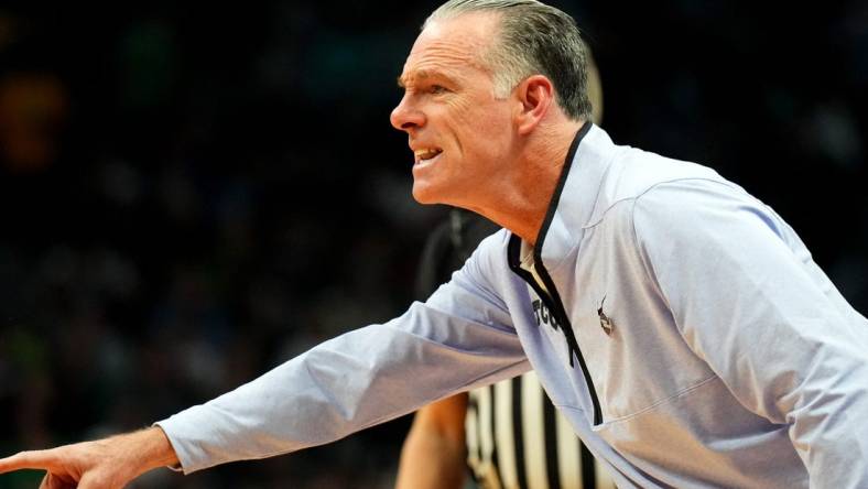 Mar 17, 2023; Denver, CO, USA; TCU Horned Frogs head coach Jamie Dixon during the first half against the Arizona State Sun Devils at Ball Arena. Mandatory Credit: Ron Chenoy-USA TODAY Sports