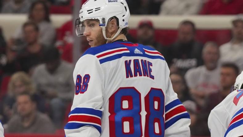 Mar 23, 2023; Raleigh, North Carolina, USA;  New York Rangers right wing Patrick Kane (88) looks on against the Carolina Hurricanes during the third period at PNC Arena. Mandatory Credit: James Guillory-USA TODAY Sports