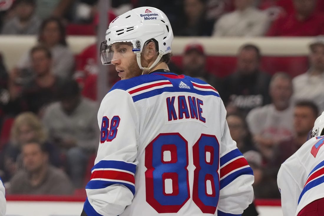 Mar 23, 2023; Raleigh, North Carolina, USA;  New York Rangers right wing Patrick Kane (88) looks on against the Carolina Hurricanes during the third period at PNC Arena. Mandatory Credit: James Guillory-USA TODAY Sports