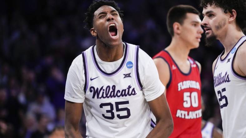 Mar 25, 2023; New York, NY, USA; Kansas State Wildcats forward Nae'Qwan Tomlin (35) reacts during the second half of an NCAA tournament East Regional final against the Florida Atlantic Owls at Madison Square Garden. Mandatory Credit: Robert Deutsch-USA TODAY Sports