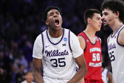 Mar 25, 2023; New York, NY, USA; Kansas State Wildcats forward Nae'Qwan Tomlin (35) reacts during the second half of an NCAA tournament East Regional final against the Florida Atlantic Owls at Madison Square Garden. Mandatory Credit: Robert Deutsch-USA TODAY Sports