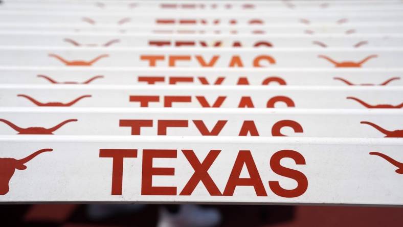 Apr 1, 2023; Austin, TX, USA; Hurdles with Texas Longhorns logos at the 95th Clyde Littlefield Texas Relays at Mike A. Myers Stadium. Mandatory Credit: Kirby Lee-USA TODAY Sports