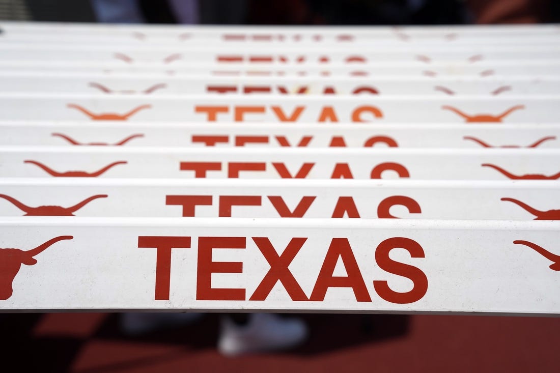 Apr 1, 2023; Austin, TX, USA; Hurdles with Texas Longhorns logos at the 95th Clyde Littlefield Texas Relays at Mike A. Myers Stadium. Mandatory Credit: Kirby Lee-USA TODAY Sports