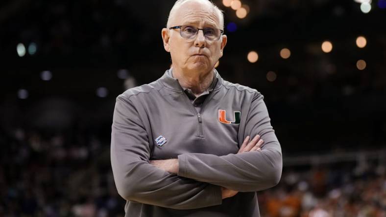 Mar 26, 2023; Kansas City, MO, USA; Miami (Fl) Hurricanes head coach Jim Larranaga reacts during the second half of an Elite 8 college basketball game in the Midwest Regional of the 2023 NCAA Tournament against the Texas Longhorns at T-Mobile Center. Mandatory Credit: Jay Biggerstaff-USA TODAY Sports