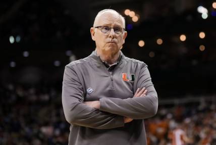 Mar 26, 2023; Kansas City, MO, USA; Miami (Fl) Hurricanes head coach Jim Larranaga reacts during the second half of an Elite 8 college basketball game in the Midwest Regional of the 2023 NCAA Tournament against the Texas Longhorns at T-Mobile Center. Mandatory Credit: Jay Biggerstaff-USA TODAY Sports
