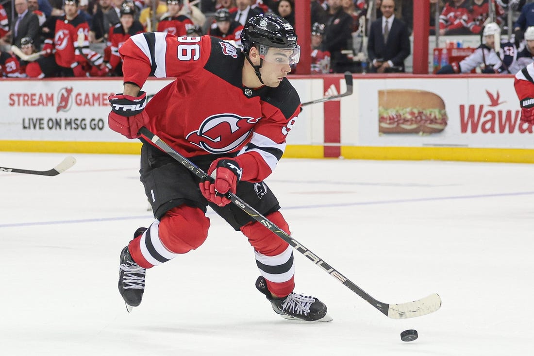 Apr 6, 2023; Newark, New Jersey, USA; New Jersey Devils right wing Timo Meier (96) skates with the puck during the third period against the Columbus Blue Jackets at Prudential Center. Mandatory Credit: Vincent Carchietta-USA TODAY Sports