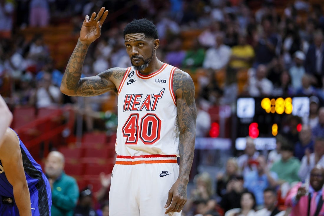Apr 9, 2023; Miami, Florida, USA; Miami Heat forward Udonis Haslem (40) reacts after entering the game during the first quarter against the Orlando Magic at Kaseya Center. Mandatory Credit: Sam Navarro-USA TODAY Sports