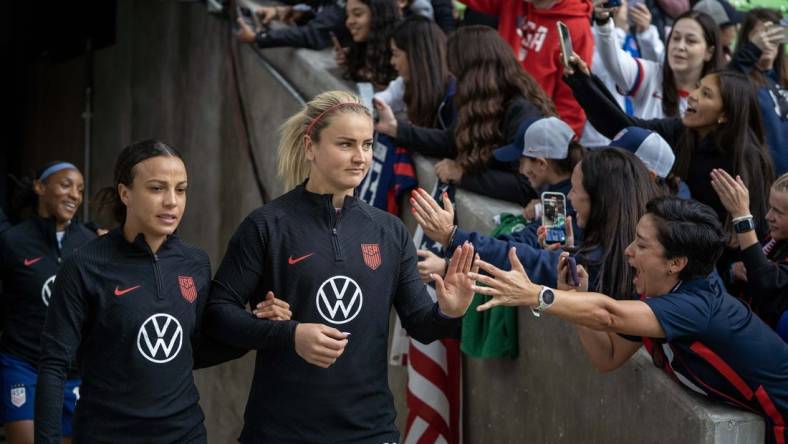 Apr 8, 2023; Austin, Texas, USA; U.S. Women's National Team forward Mallory Swanson (9) and midfielder Linsey Horan (10) enter the field in a match against the Republic of Ireland Women's National Team at Q2 Stadium. Mandatory Credit: Dustin Safranek-USA TODAY Sports