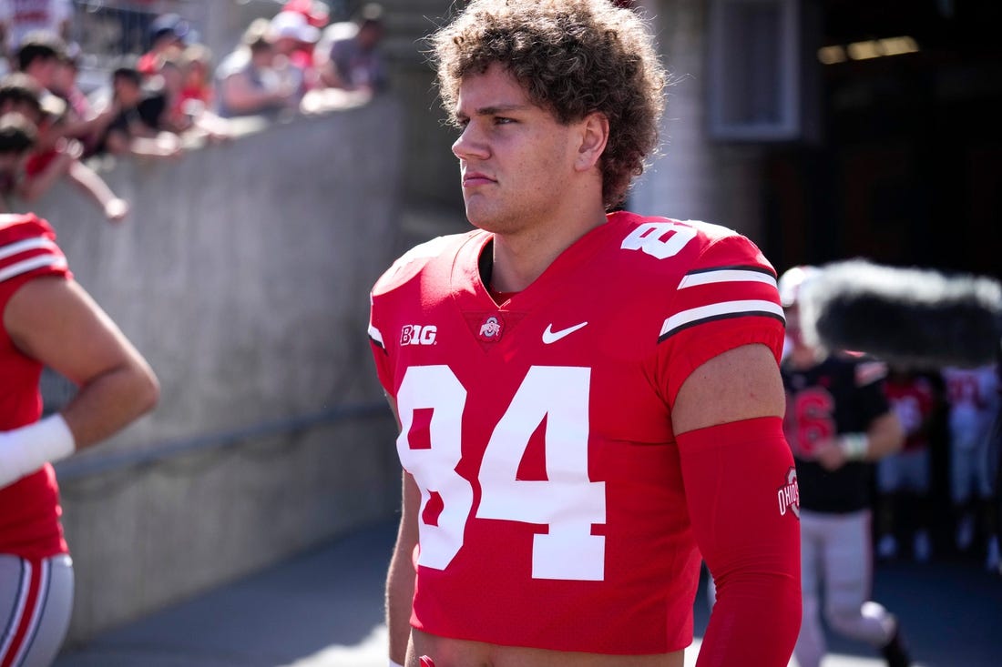 Apr 15, 2023; Columbus, Ohio, United States;  Ohio State Buckeyes tight end Joe Royer (84) enters the field during warmups for the Ohio State Buckeyes spring game at Ohio Stadium on Saturday morning. Mandatory Credit: Joseph Scheller-The Columbus Dispatch

Football Ceb Osufb Spring Game Ohio State At Ohio State