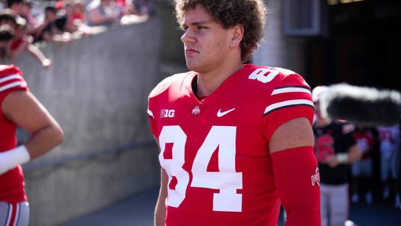 Apr 15, 2023; Columbus, Ohio, United States;  Ohio State Buckeyes tight end Joe Royer (84) enters the field during warmups for the Ohio State Buckeyes spring game at Ohio Stadium on Saturday morning. Mandatory Credit: Joseph Scheller-The Columbus Dispatch

Football Ceb Osufb Spring Game Ohio State At Ohio State