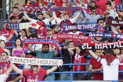 Apr 15, 2023; Frisco, Texas, USA; FC Dallas fans are seen supporting the team at Toyota Stadium. Mandatory Credit: Raymond Carlin III-USA TODAY Sports