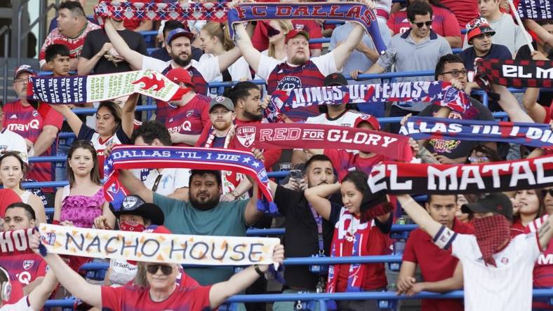 Apr 15, 2023; Frisco, Texas, USA; FC Dallas fans are seen supporting the team at Toyota Stadium. Mandatory Credit: Raymond Carlin III-USA TODAY Sports