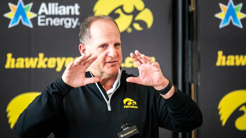 Iowa defensive coordinator Phil Parker speaks with reporters at a spring football news conference, Thursday, April 20, 2023, at the Hansen Football Performance Center in Iowa City, Iowa.

230420 Phil Parker 008 Jpg