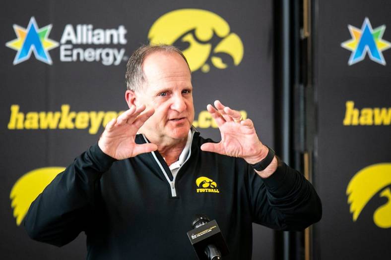 Iowa defensive coordinator Phil Parker speaks with reporters at a spring football news conference, Thursday, April 20, 2023, at the Hansen Football Performance Center in Iowa City, Iowa.

230420 Phil Parker 008 Jpg