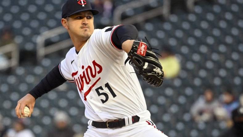 Apr 21, 2023; Minneapolis, Minnesota, USA; Minnesota Twins pitcher Tyler Mahle (51) delivers a pitch against the Washington Nationals at Target Field. Mandatory Credit: Nick Wosika-USA TODAY Sports