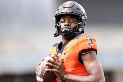 Oregon State quarterback Aidan Chiles (3) warms up before the spring showcase at Reser Stadium, Saturday, April 22, 2023, in Corvallis, Ore.

Oregon State Spring Game224