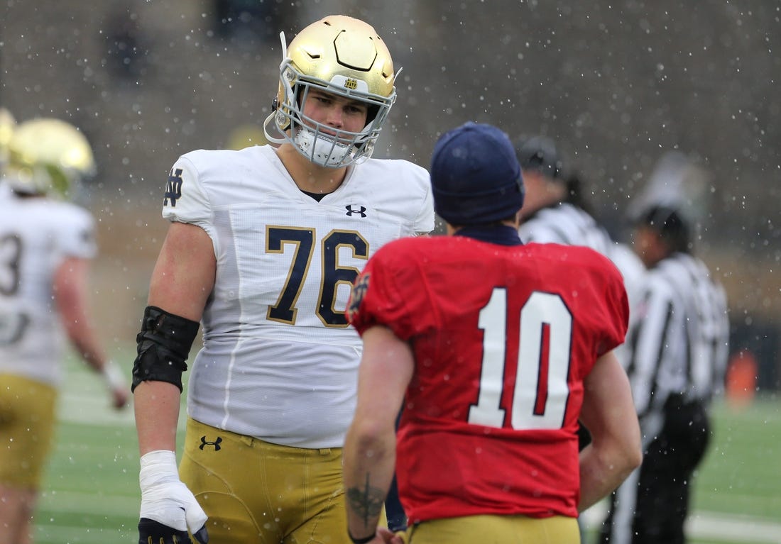 Notre Dame All-American left tackle Joe Alt, like Fighting Irish quarterback Sam Hartman (10), decided to skip the Sun Bowl to begin preparation for the 2024 NFL Draft.