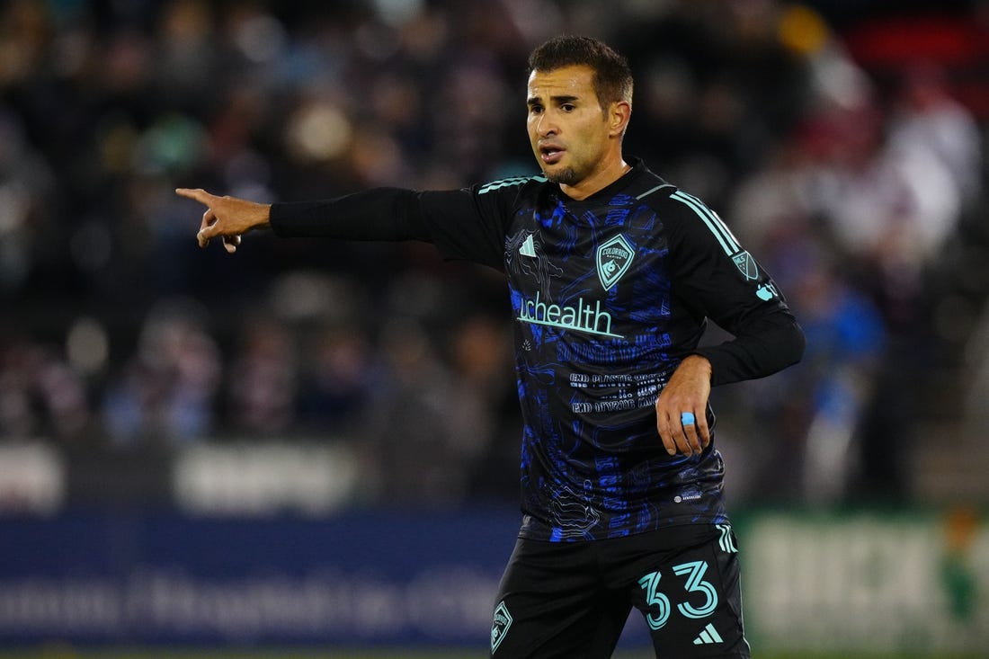 Apr 22, 2023; Commerce City, Colorado, USA; Colorado Rapids defender Steven Beitashour (33) reacts during the game at Dick's Sporting Goods Park. Mandatory Credit: Ron Chenoy-USA TODAY Sports