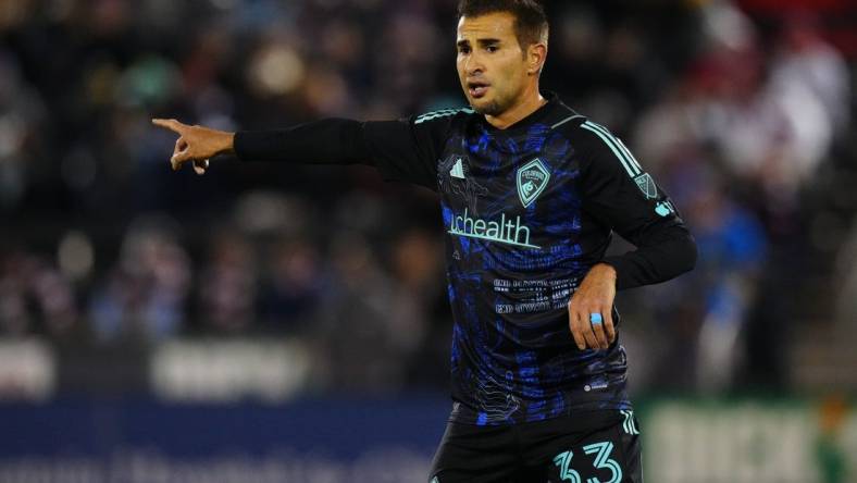 Apr 22, 2023; Commerce City, Colorado, USA; Colorado Rapids defender Steven Beitashour (33) reacts during the game at Dick's Sporting Goods Park. Mandatory Credit: Ron Chenoy-USA TODAY Sports