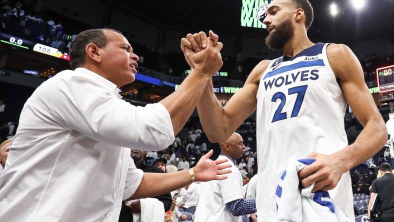 Apr 23, 2023; Minneapolis, Minnesota, USA; Minnesota Timberwolves center Rudy Gobert (27) and owner Alex Rodriguez celebrate after the win of game four of the 2023 NBA Playoffs against the Denver Nuggets at Target Center. Mandatory Credit: Matt Krohn-USA TODAY Sports