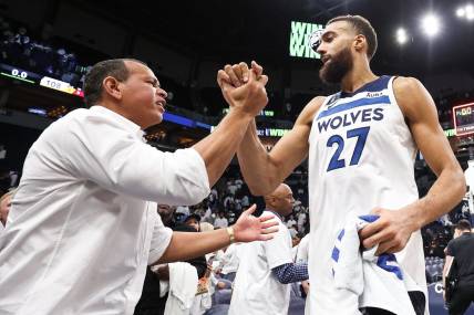 Apr 23, 2023; Minneapolis, Minnesota, USA; Minnesota Timberwolves center Rudy Gobert (27) and owner Alex Rodriguez celebrate after the win of game four of the 2023 NBA Playoffs against the Denver Nuggets at Target Center. Mandatory Credit: Matt Krohn-USA TODAY Sports