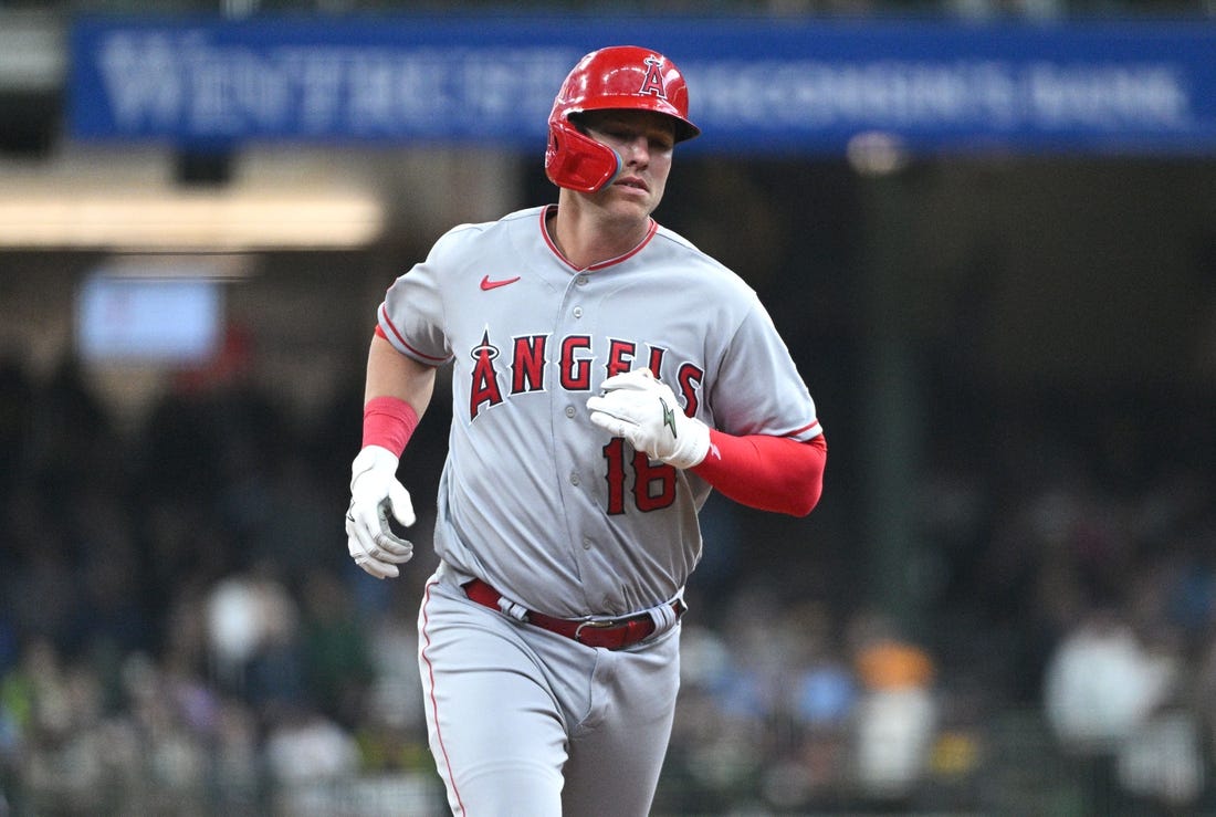 Apr 30, 2023; Milwaukee, Wisconsin, USA; Los Angeles Angels first baseman Jake Lamb (18) rounds the bases after hitting a home run against the Milwaukee Brewers in the second inning at American Family Field. Mandatory Credit: Michael McLoone-USA TODAY Sports