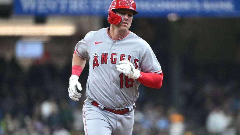 Apr 30, 2023; Milwaukee, Wisconsin, USA; Los Angeles Angels first baseman Jake Lamb (18) rounds the bases after hitting a home run against the Milwaukee Brewers in the second inning at American Family Field. Mandatory Credit: Michael McLoone-USA TODAY Sports