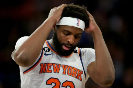 Apr 30, 2023; New York, New York, USA; New York Knicks center Mitchell Robinson (23) reacts during the second quarter of game one of the 2023 NBA Eastern Conference semifinal playoffs against the Miami Heat at Madison Square Garden. Mandatory Credit: Brad Penner-USA TODAY Sports