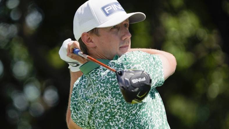 May 13, 2023; McKinney, Texas, USA; Mackenzie Hughes plays his shot from the second tee during the third round of the AT&T Byron Nelson golf tournament. Mandatory Credit: Raymond Carlin III-USA TODAY Sports