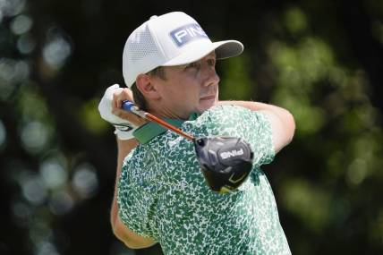 May 13, 2023; McKinney, Texas, USA; Mackenzie Hughes plays his shot from the second tee during the third round of the AT&T Byron Nelson golf tournament. Mandatory Credit: Raymond Carlin III-USA TODAY Sports