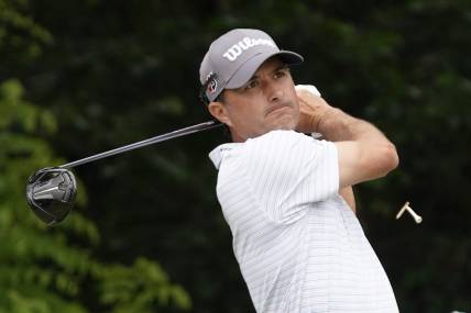 May 25, 2023; Fort Worth, Texas, USA; Kevin Kisner plays his shot from the sixth tee during the first round of the Charles Schwab Challenge golf tournament. Mandatory Credit: Raymond Carlin III-USA TODAY Sports