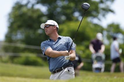 May 27, 2023; Potomac Falls, Virginia, USA; Andy Ogletree hits his tee shot on the second hole during the second round of LIV Golf Washington, D.C. golf tournament at Trump National. Mandatory Credit: Geoff Burke-USA TODAY Sports