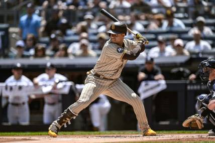 San Diego Padres left fielder Juan Soto (22) at bat against the New York Yankees at Yankee Stadium. Mandatory Credit: John Jones-USA TODAY Sports